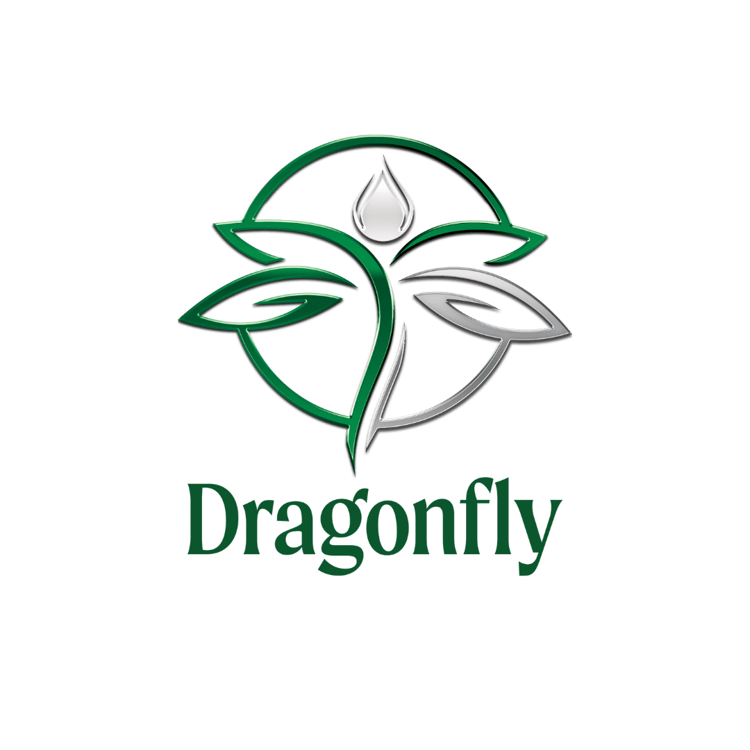 A logo with a stylized dragonfly made of green and silver lines, featuring a droplet-shaped element at the top, and the word "Dragonfly" written below in green text.
