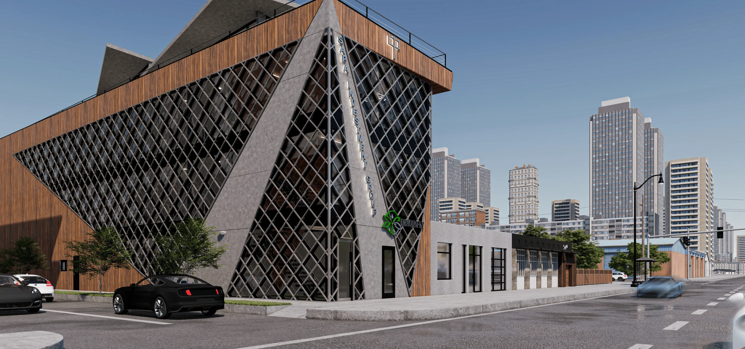 Modern building with a unique lattice design on its facade, featuring wooden and concrete elements, situated in an urban area with tall skyscrapers in the background, cars parked along the street, and streetlights.