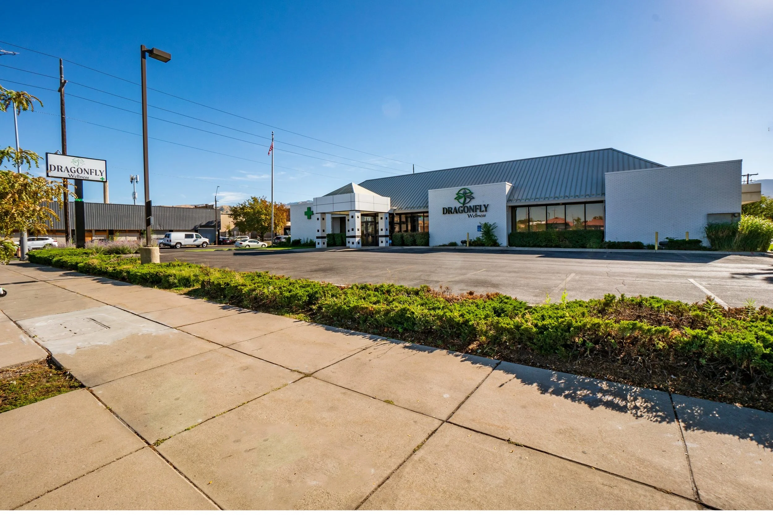 A commercial building with a sign that reads 'Dragonfly Wellness', a green cross symbol, and a landscaped parking lot with several cars under a clear blue sky.