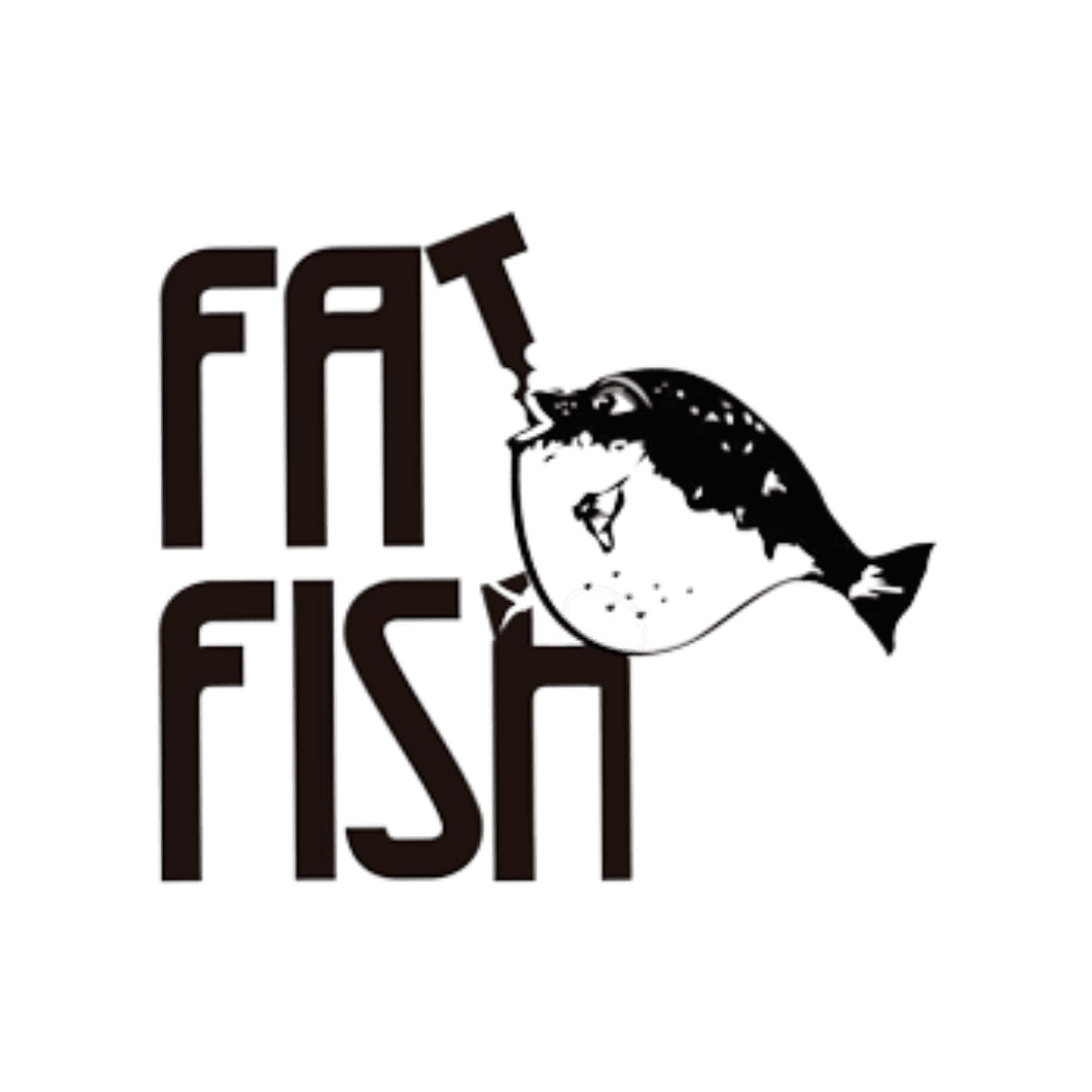 Logo with the words 'FAT FISH' and an illustration of a fish with a fishing lure in its mouth.