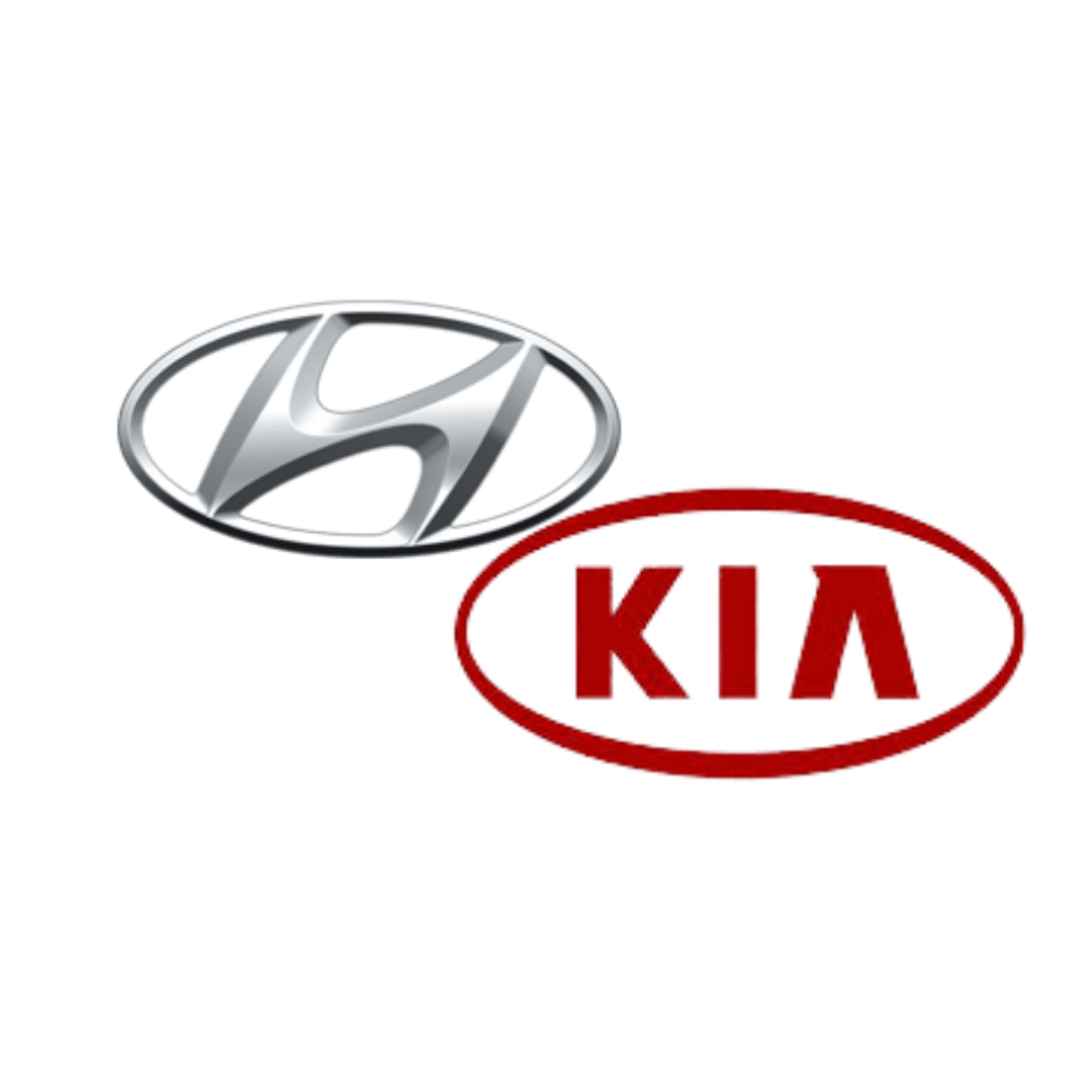 Hyundai logo in gray and Kia logo in red with black background.