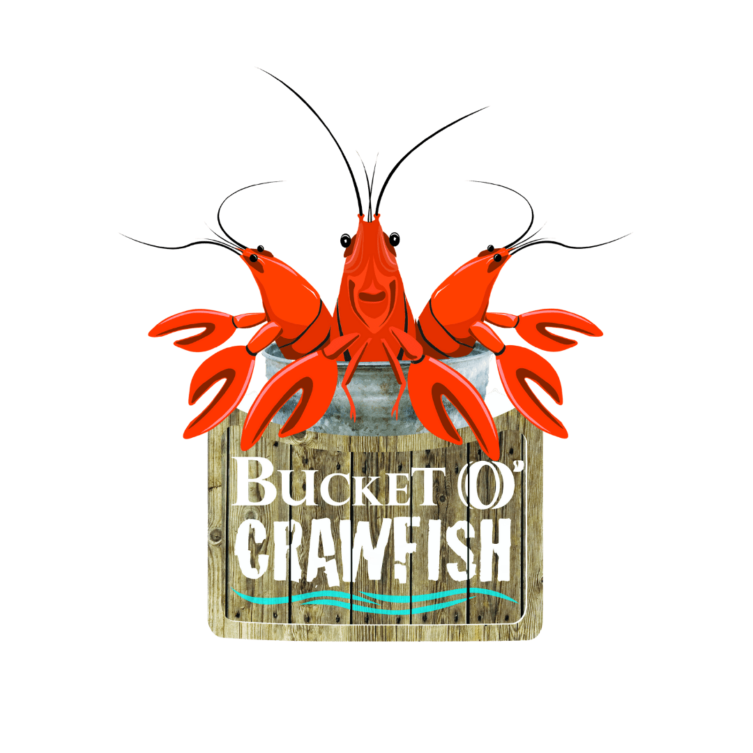 A cartoon image of a red crawfish with a human face sitting inside a metal bucket placed on a wooden sign that reads "Bucket O' Crawfish," with a small blue wave graphic beneath the text.