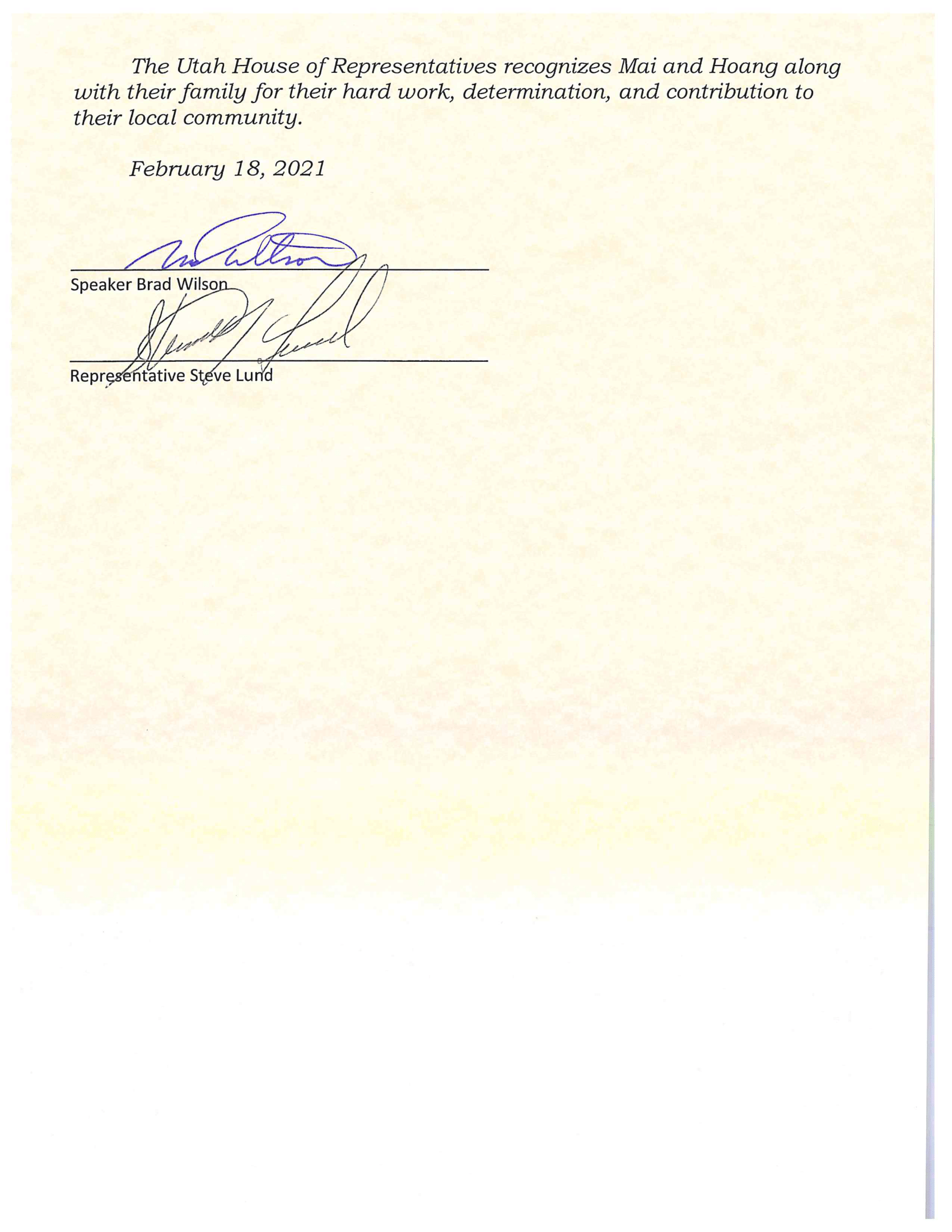 Certificate recognizing Mai and Hoang, dated February 18, 2021, with signatures of Speaker Brad Wilson and Representative Steve Lund.
