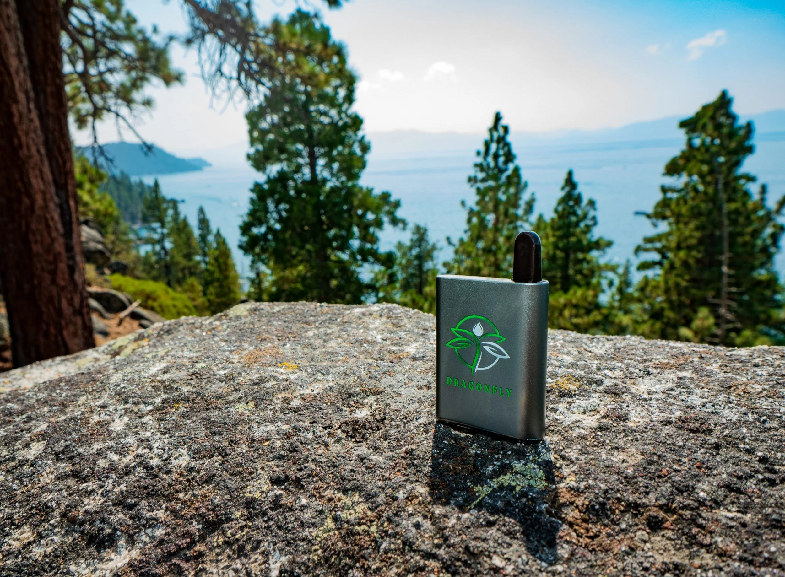 A portable vaporizer with a logo of leaves and water drops on a rocky surface outdoors, with a forest and lake in the background.