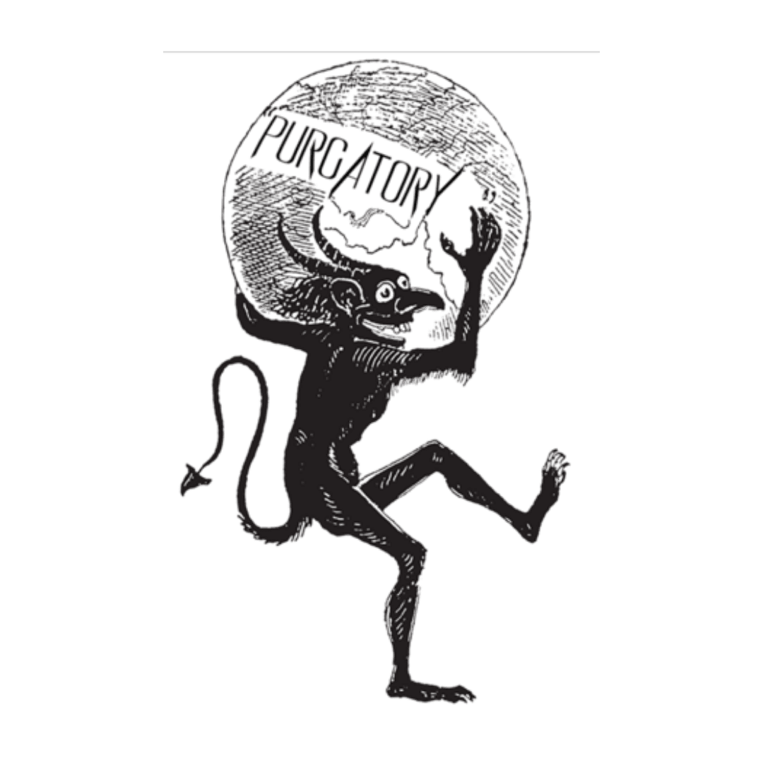 A cartoonish illustration of a devil with a long tail, holding a round object with the word 'PURGATORY' and a depiction of the United States map, on a black background.