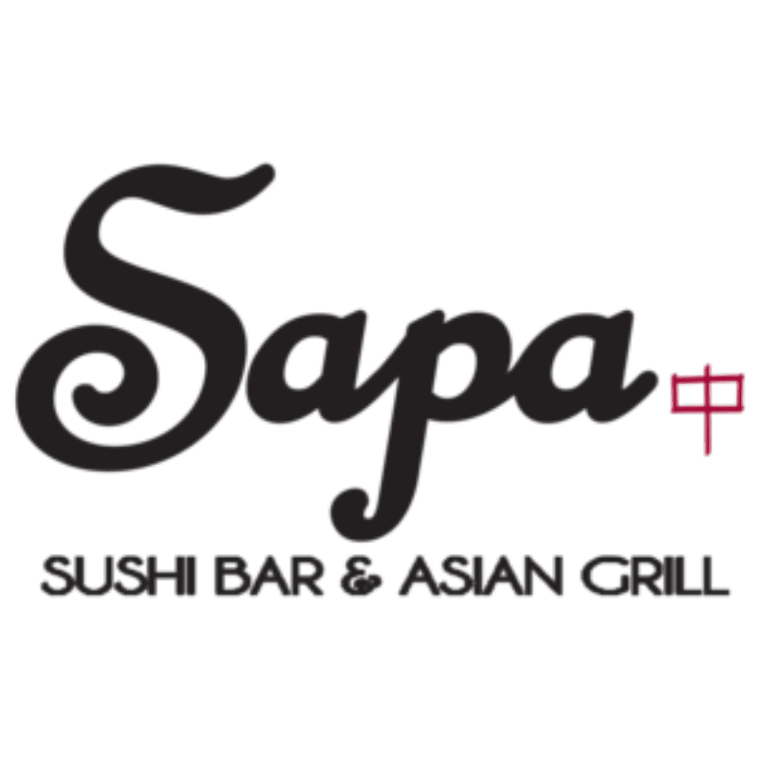 Logo for Sapa Sushi Bar & Asian Grill with stylized text and a red Chinese character