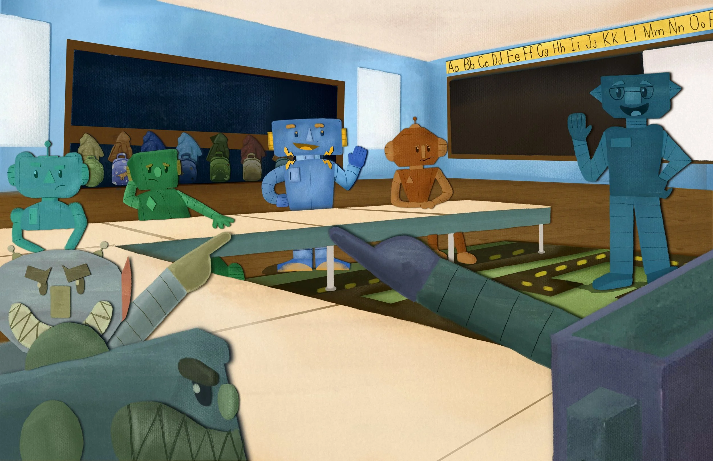 Animated classroom scene with robot characters sitting at desks, a robot teacher standing and smiling, and human children looking sad or worried. Classroom includes alphabet chart and backpacks.