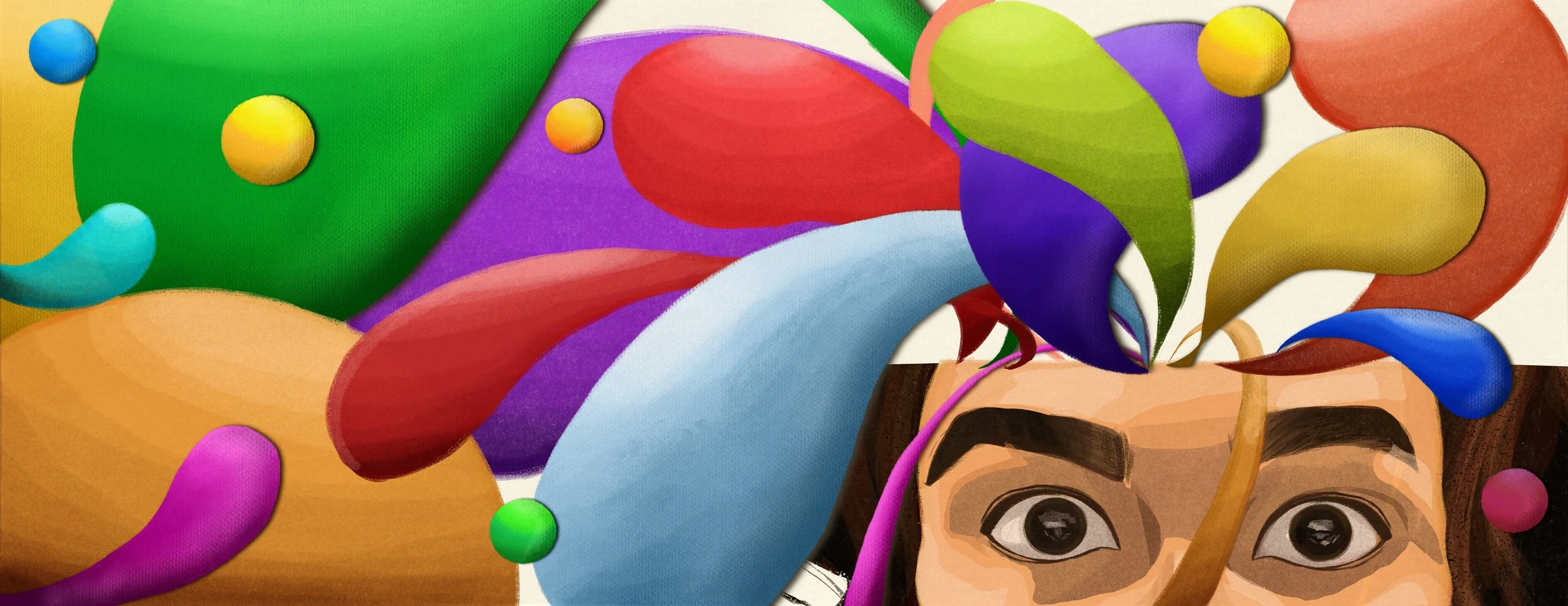 Colorful abstract artwork featuring a partially visible person's face with wide-open eyes surrounded by vibrant, swirling shapes and bright multicolored spheres.