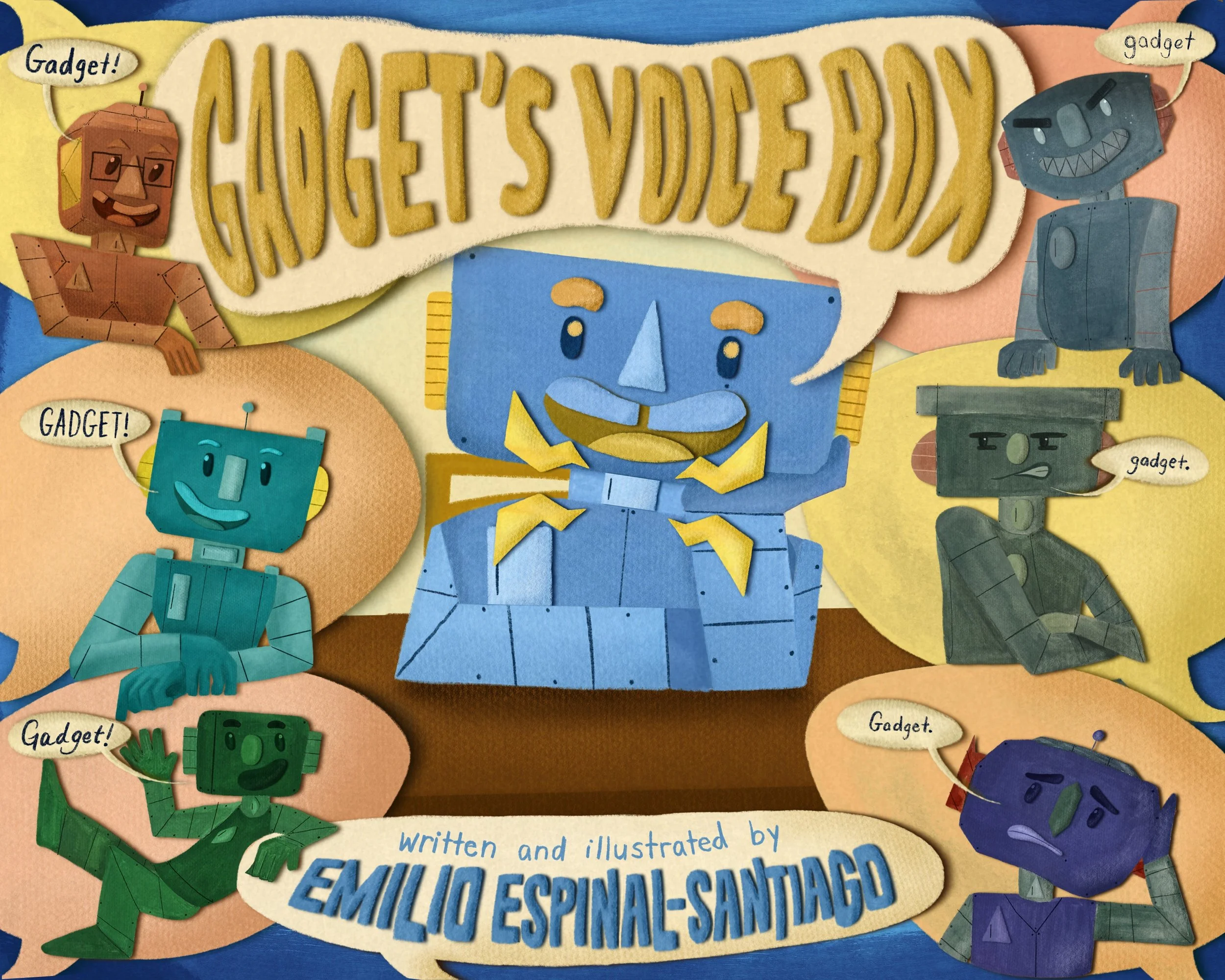 Colorful illustration of various cartoon robots with speech bubbles saying "Gadget!" and the title "Robot's Voice Box" in large, textured yellow letters.