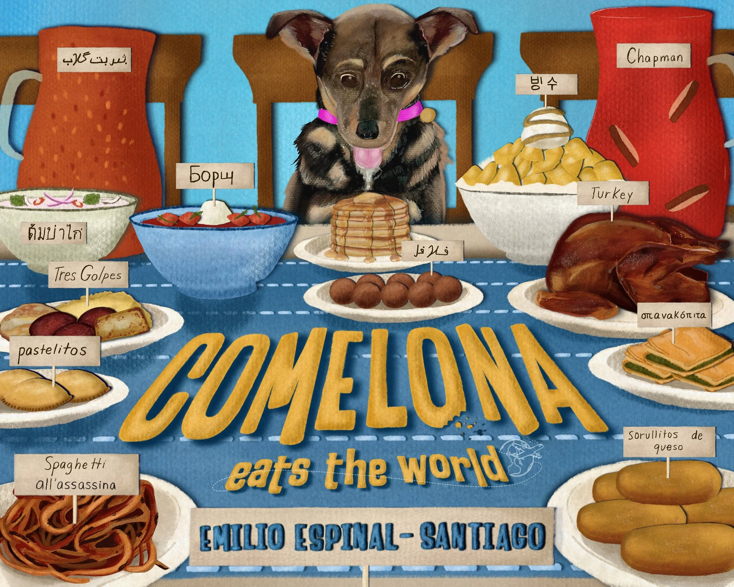 Colorful illustration of a dog at a dinner table with various dishes labeled in multiple languages, including soup, pancakes, and cheese-filled rolls, with the phrase "eats the world" on the tablecloth.