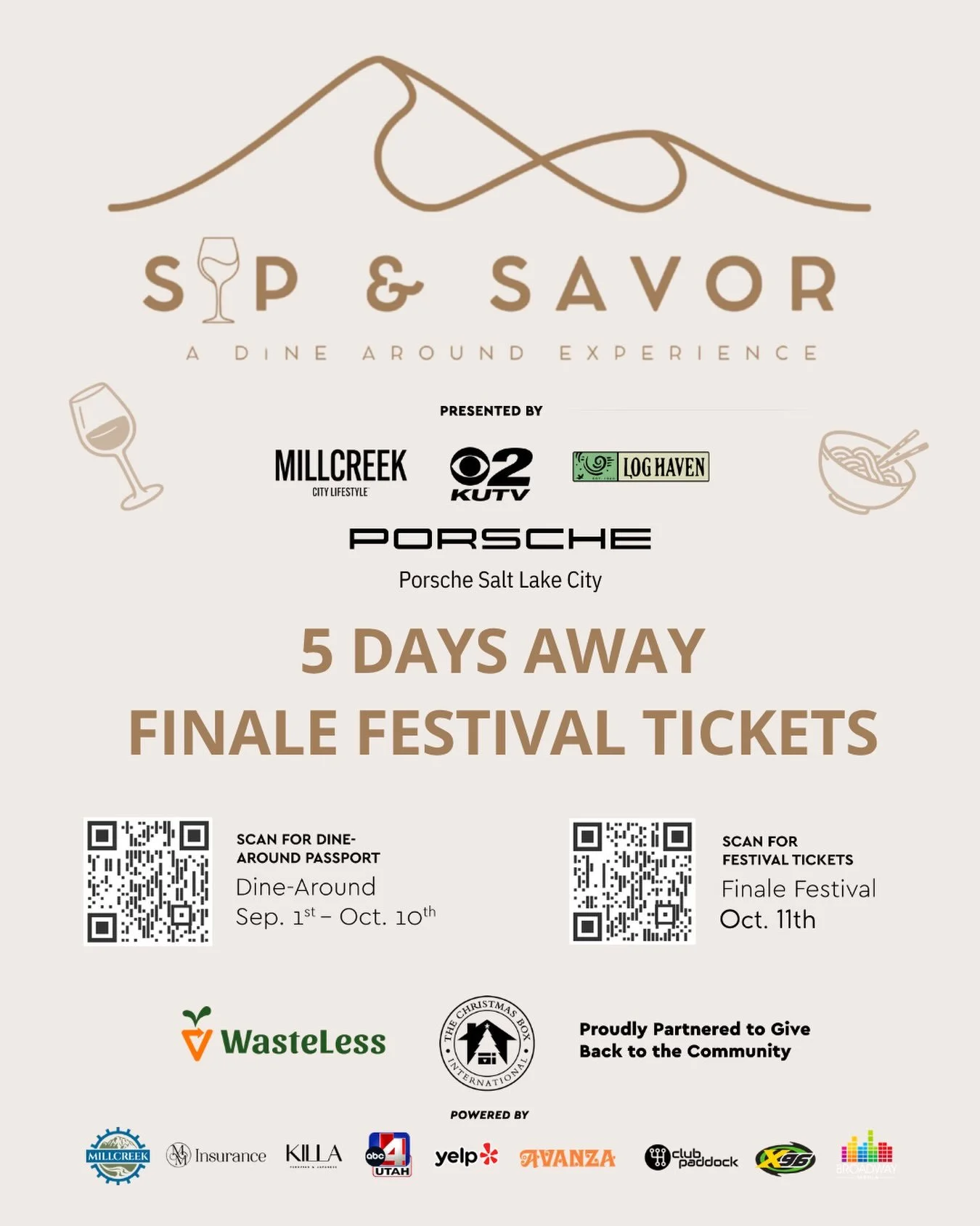 Only 5 days left until the ultimate food and drink celebration! 🍷✨

Join us for the Sip &amp; Savor Finale Festival on October 11th. Taste the best flavors in town, support local community causes, and experience an unforgettable event!&nbsp; 

🎟️️ 
