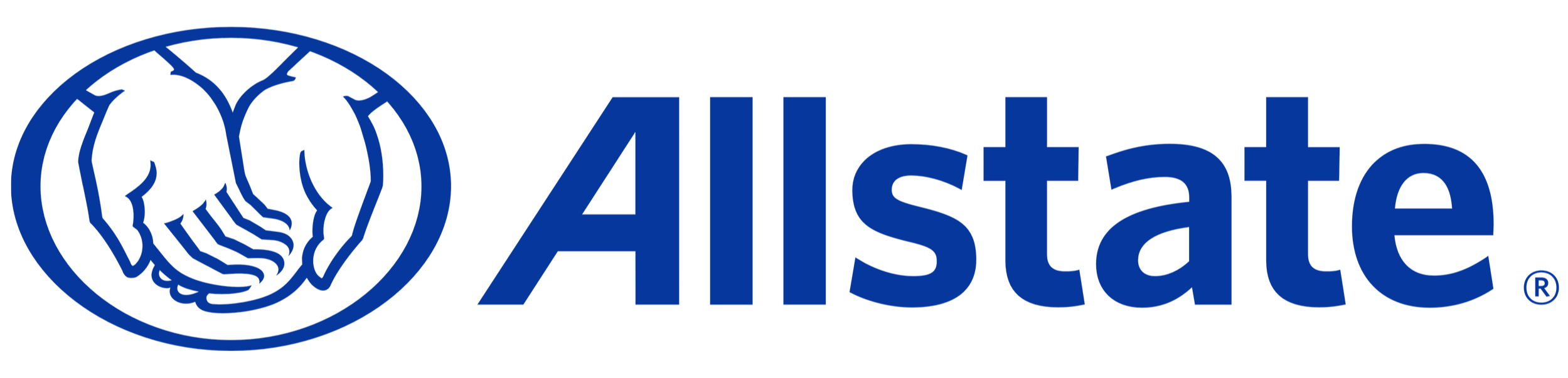 Allstate logo featuring two hands shaking inside a blue circle with the words 'Allstate' in blue text.