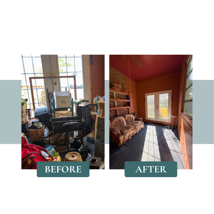 Side-by-side comparison of a cluttered room before and a tidy room after. The 'before' shows a cluttered space with chairs, boxes, and miscellaneous items. The 'after' features room with a sofa, wall shelves, a ceiling fan, and sunlight streaming thr