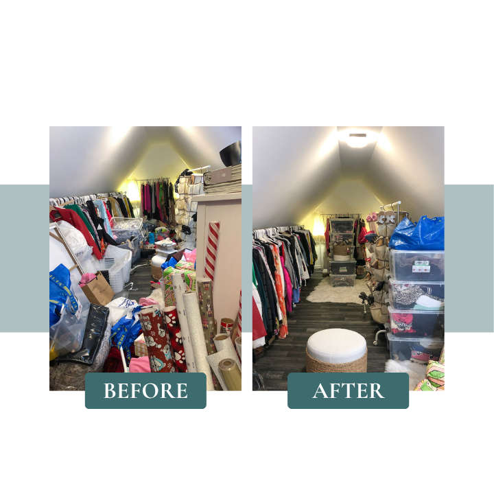 Comparison of a cluttered closet before and after cleaning, showing organized clothing, storage bins, and wrapping paper in the after image.