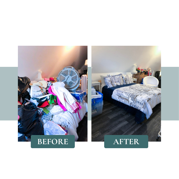 Side-by-side comparison of a cluttered bedroom before cleaning and an organized, tidy bedroom after organizing.