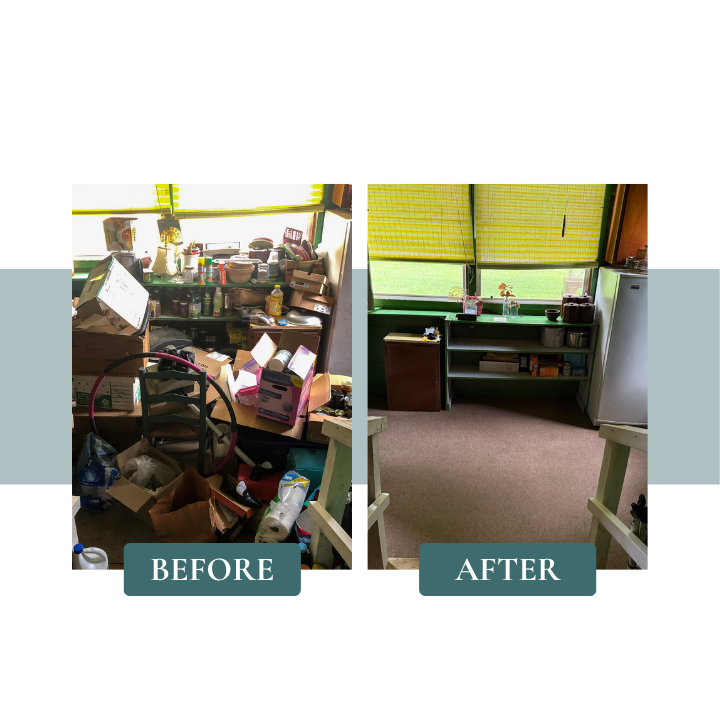 Comparison image showing a cluttered and messy room on the left labeled 'Before' and a clean, organized room on the right labeled 'After'.