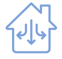 Blue house icon with downward arrow indicating cooling or lowering temperature