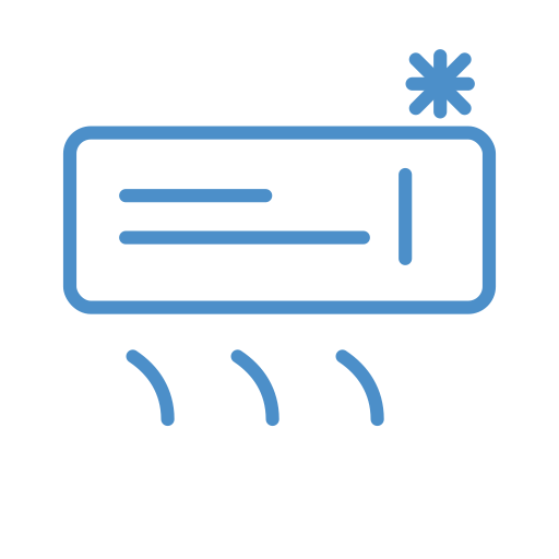 Icon of an air conditioning unit with airflow lines and a snowflake symbol.