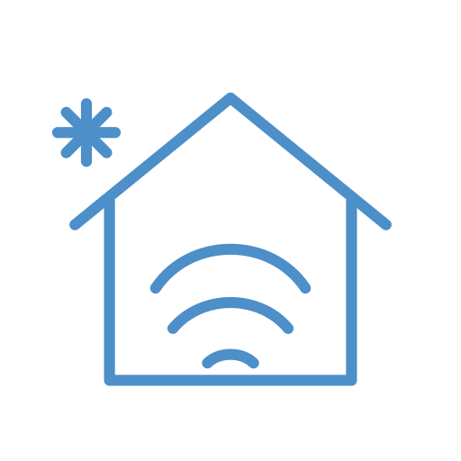 Icon of a house with Wi-Fi signal inside and a snowflake outside, representing a smart home with climate control.