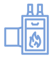 Line drawing of a wood stove with a fire inside and a nearby chimney pipe.
