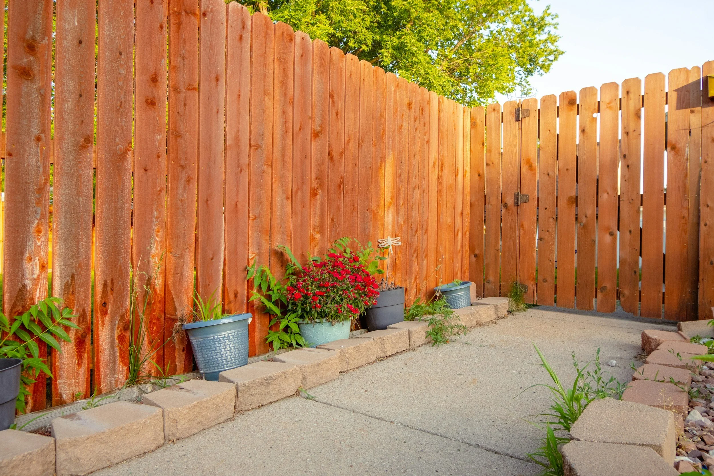 A wooden privacy fence with metal hinges and latch, with colorful flower pots and green plants at the base, next to a concrete sidewalk and surrounded by trees and greenery.