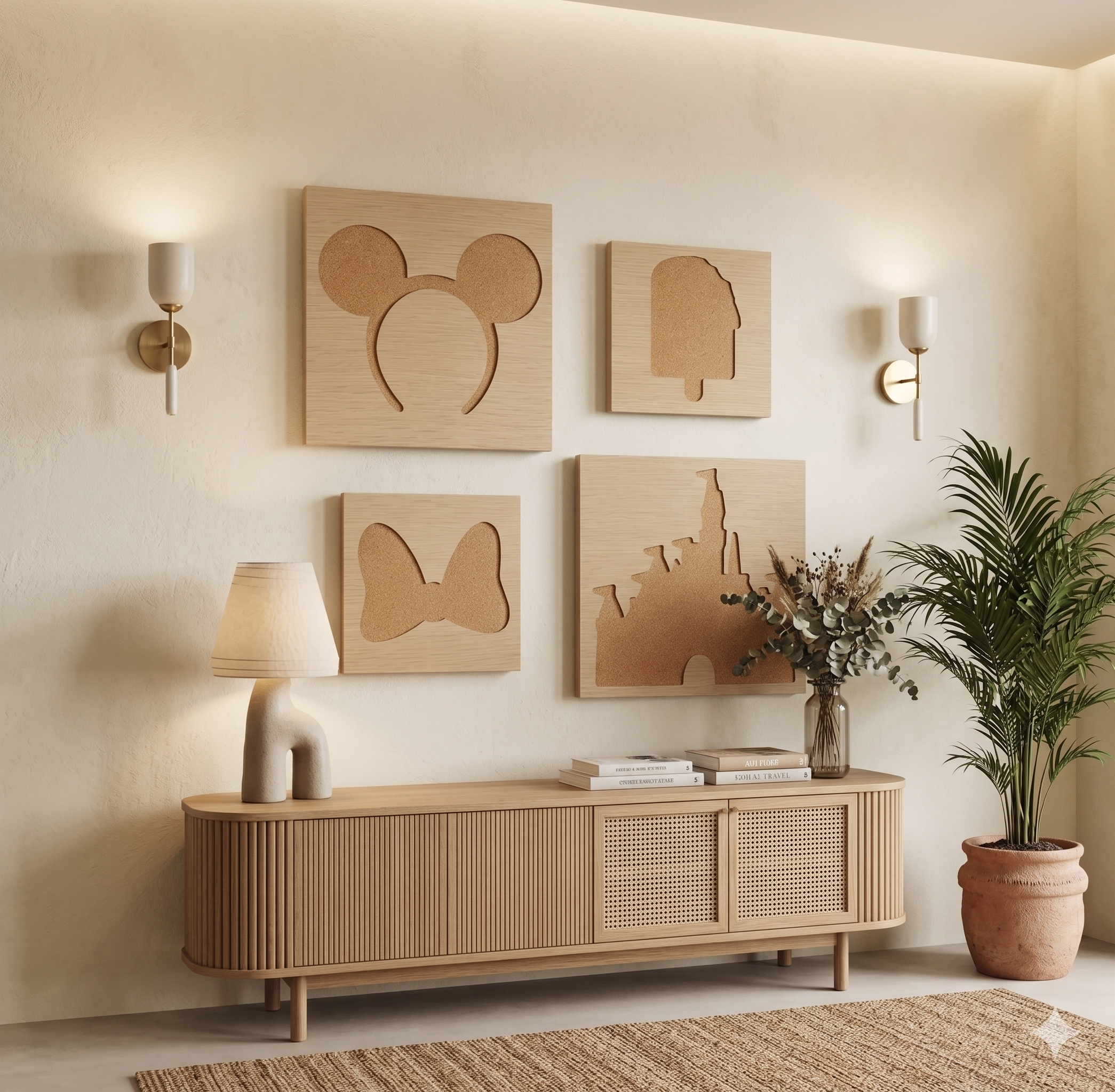 Modern beige wooden sideboard with curved design, decorated with white vases, set against a light yellow wall with wall sconces and framed cork wall art, next to a potted plant and a woven rug.