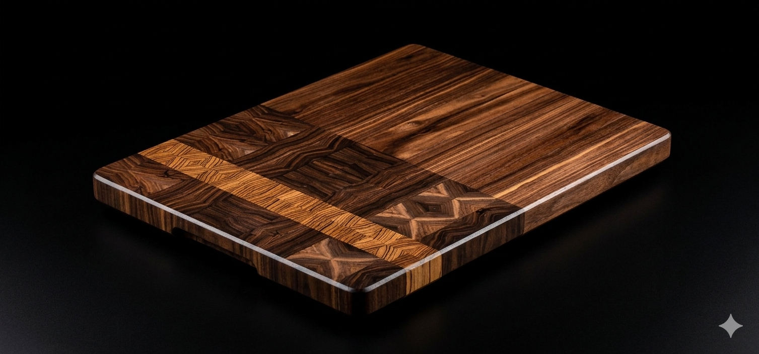 Decorative wooden cutting board with geometric pattern on black background