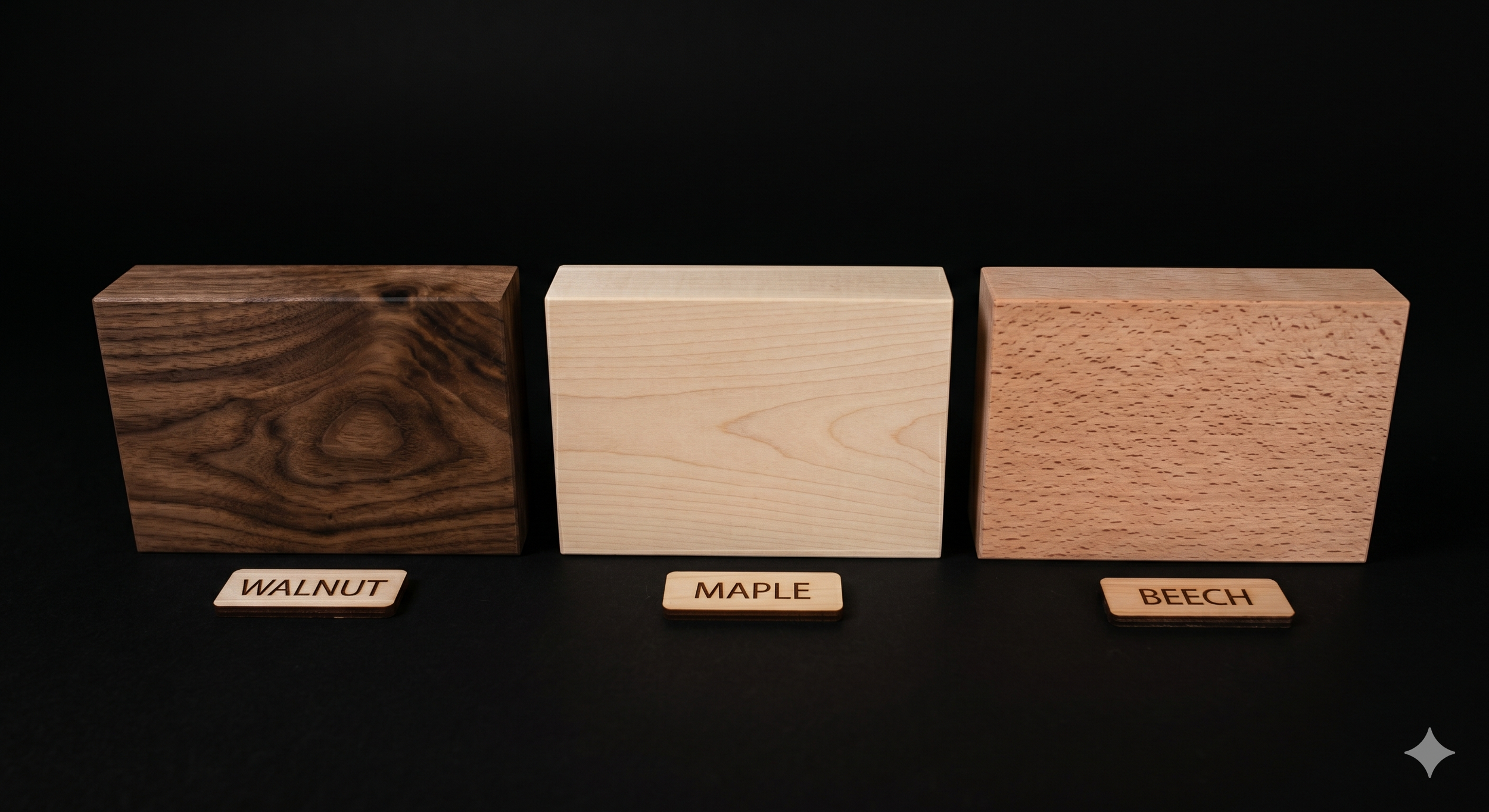 Three wood samples labeled Walnut, Maple, and Beech, displayed against a black background.