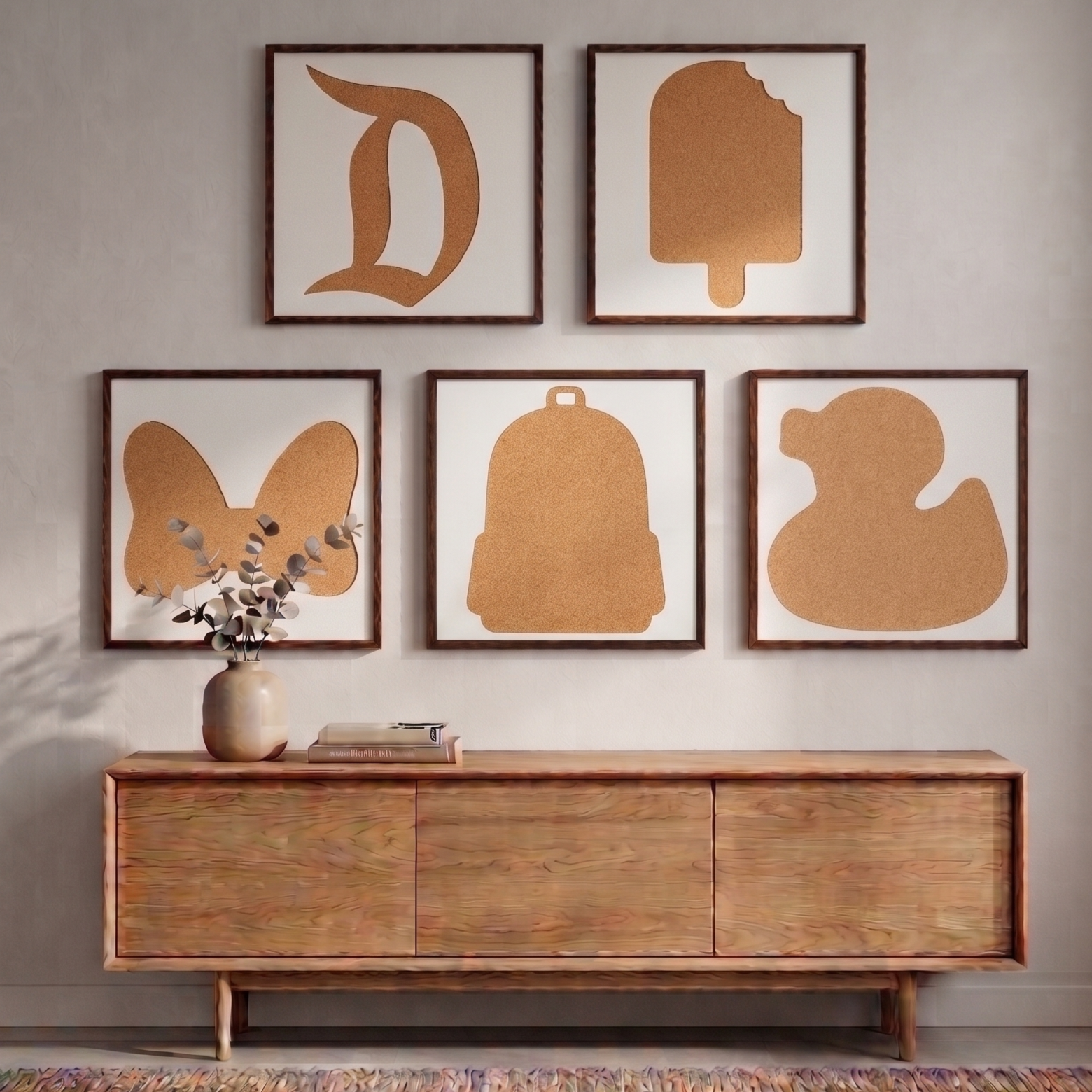 A wooden sideboard with a vase of eucalyptus branches and a couple of books on top. Above it, five framed art pieces with gold-colored abstract designs on white background are hung on the wall.