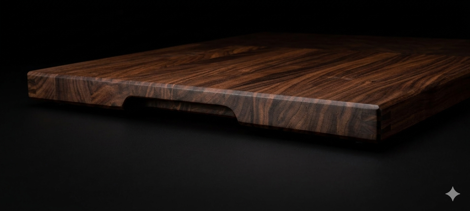 A rectangular wooden cutting board with a dark wood grain pattern on a black background.