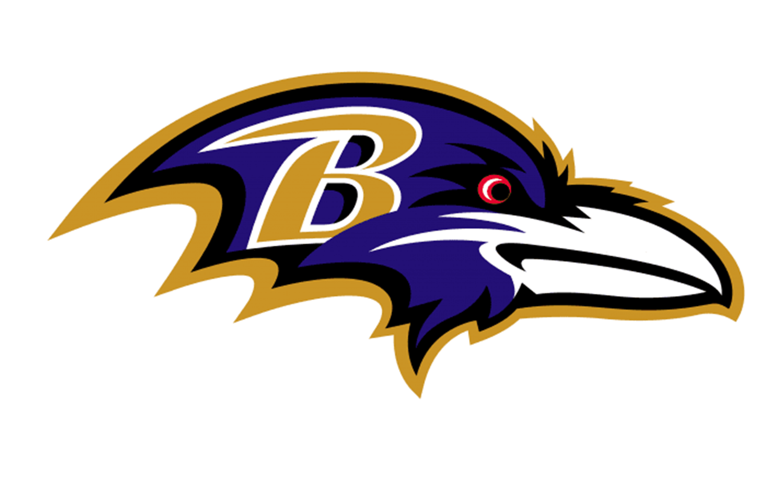 Baltimore Ravens logo featuring a stylized raven's head in purple, black, white, and gold with a red eye and the letter B incorporated in the design.