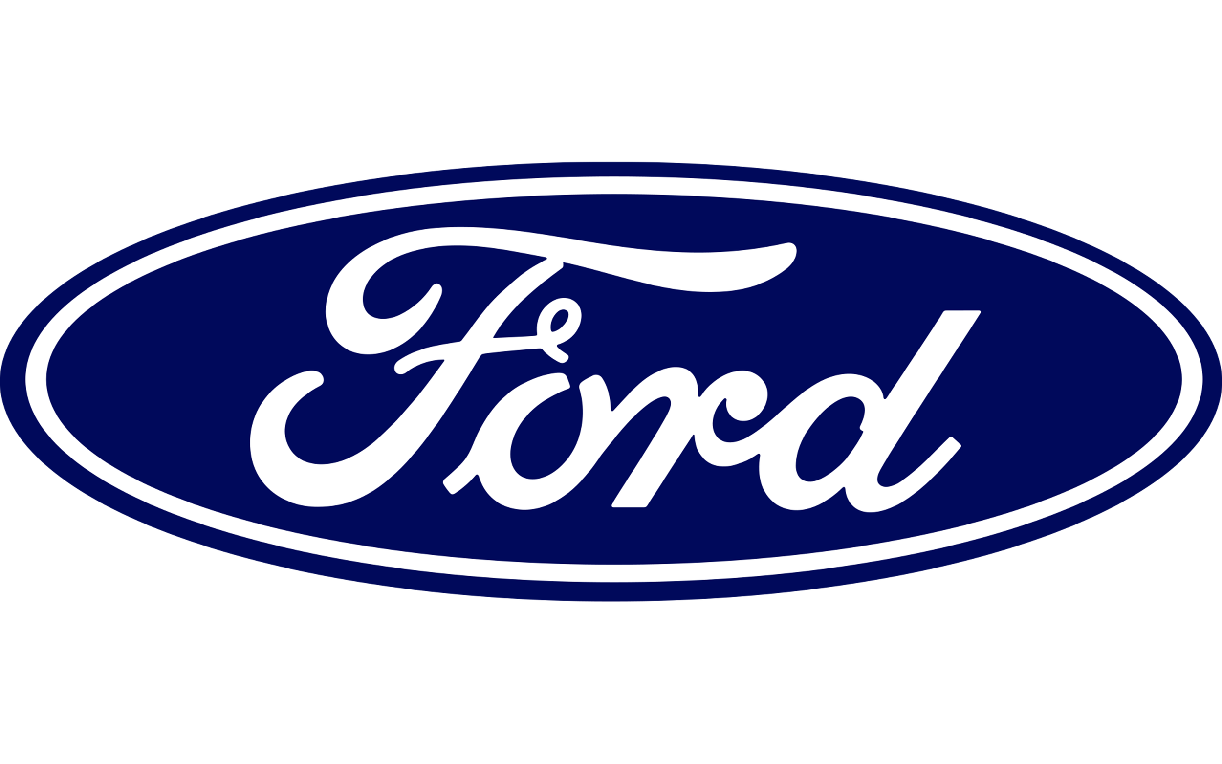 Close-up of a blue oval Ford logo with white script font.