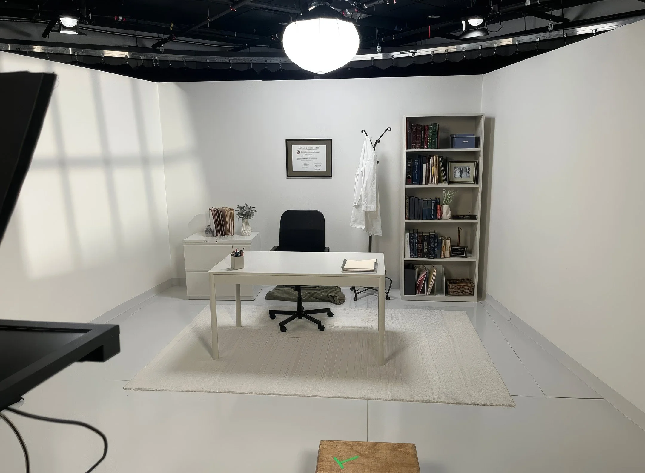 Custom built set on soundstage made by Daedallus LLC as part of the Art Department. An office room with white walls, a white desk, a black office chair, a bookshelf with books and decorative items, and a coat rack with a white coat hanging. 
