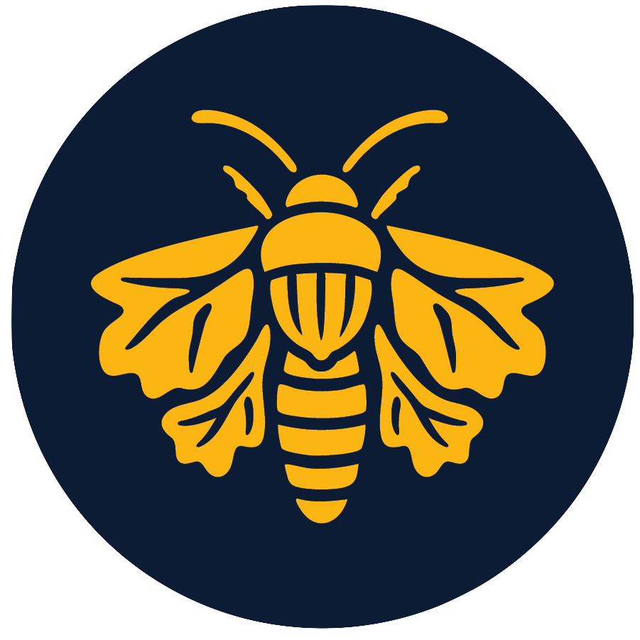 Icon of a bee in yellow on a dark blue circular background.