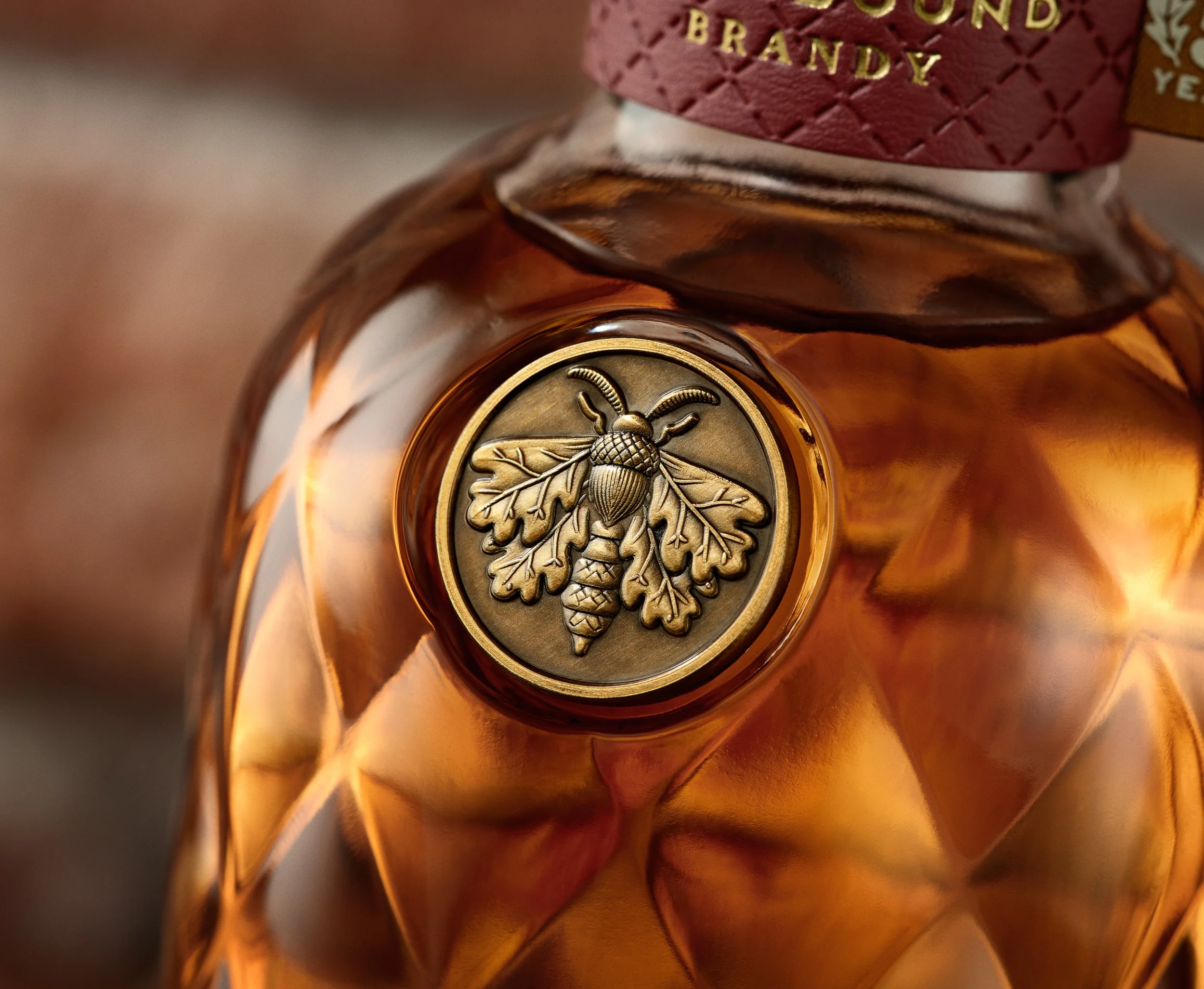 Close-up of a brandy bottle showing a detailed medallion with a moth and oak leaves at the bottom and a 'BRANDY' label at the top. The bottle has a warm amber color and a quilted textured label with gold lettering.