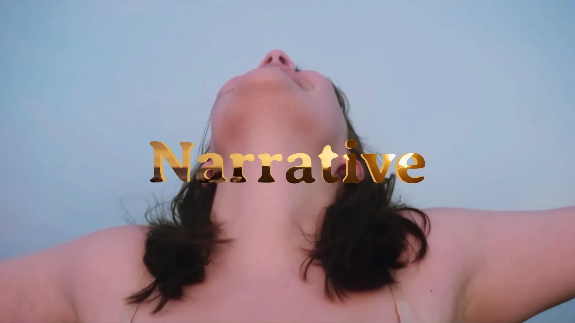 A woman lying on her back with her head tilted back, and the word 'Narrative' in gold text across her face and chest.