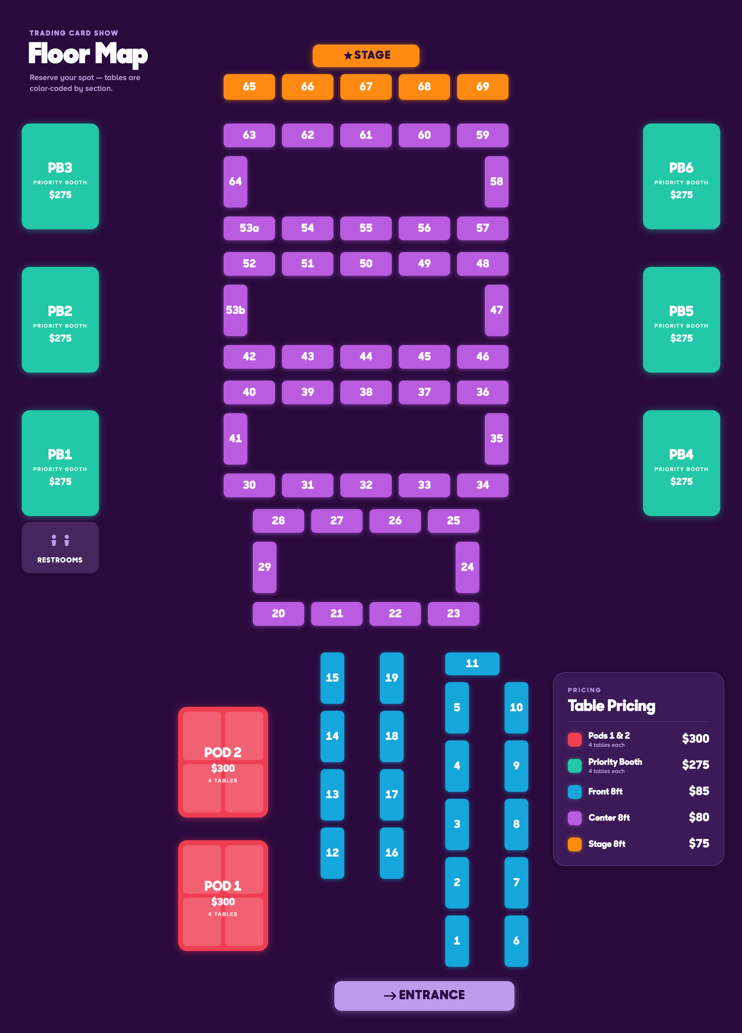 Floor map of a trading card show venue with numbered tables and designated booths, restrooms, and pricing information.
