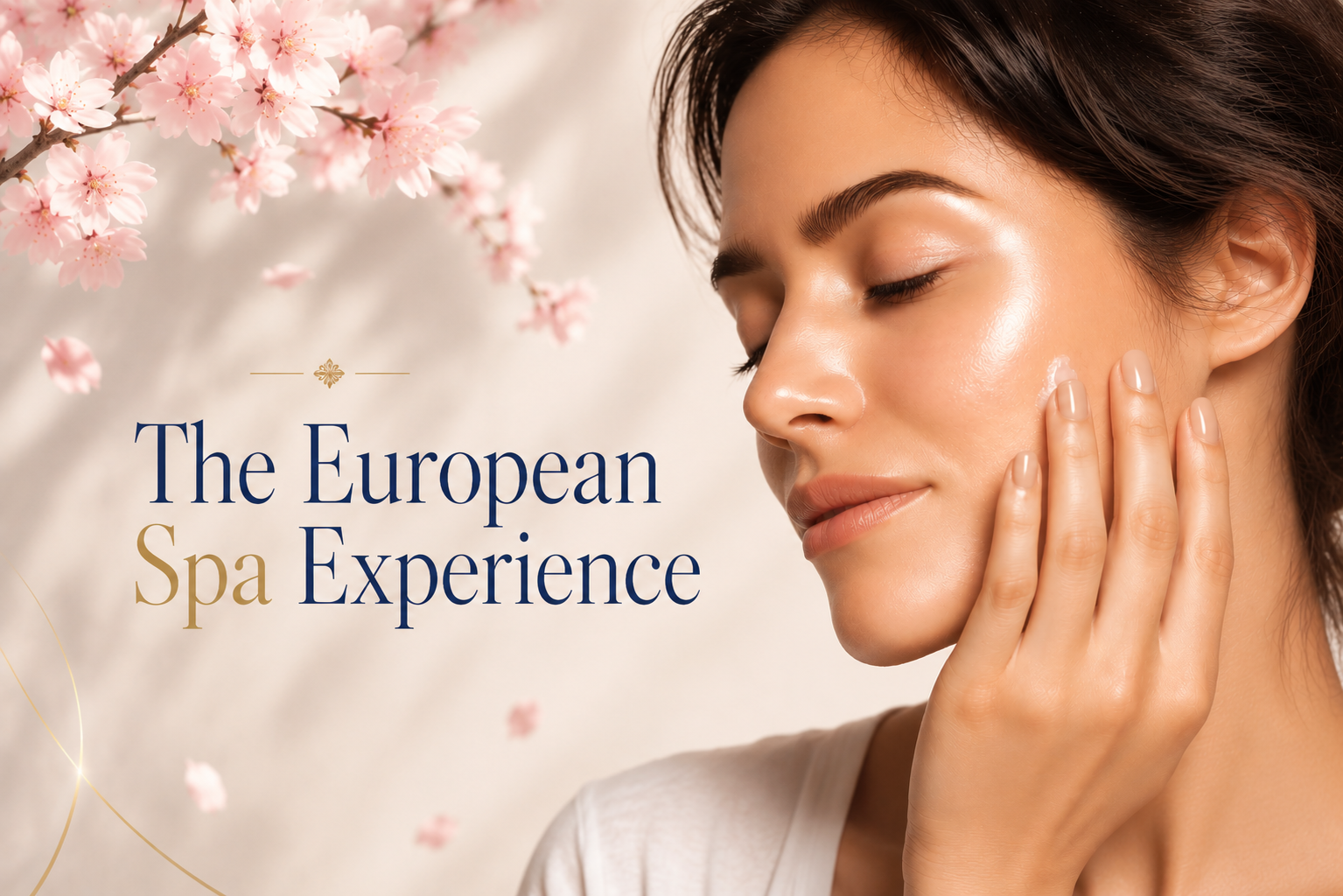 A woman with clear, glowing skin touching her face with her eyes closed, with pink cherry blossoms in the background, and text that says 'The European Spa Experience'