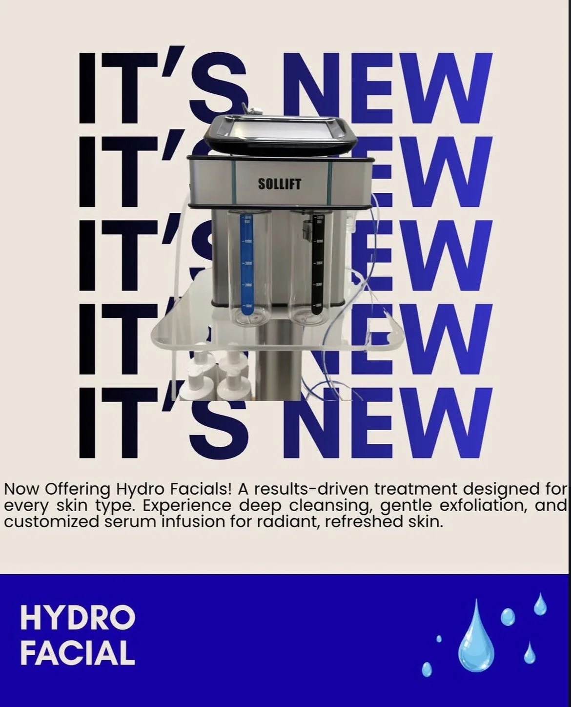 Advertisement for hydro facial treatment featuring a hydro facial machine with various tubes and containers, with a bold background text saying 'It's New' and a description of the treatment benefits.