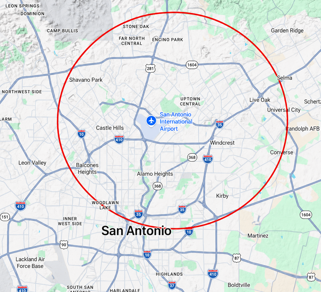 Map of San Antonio, Texas, with a red circle around the city indicating the service area for lawn maintenance services