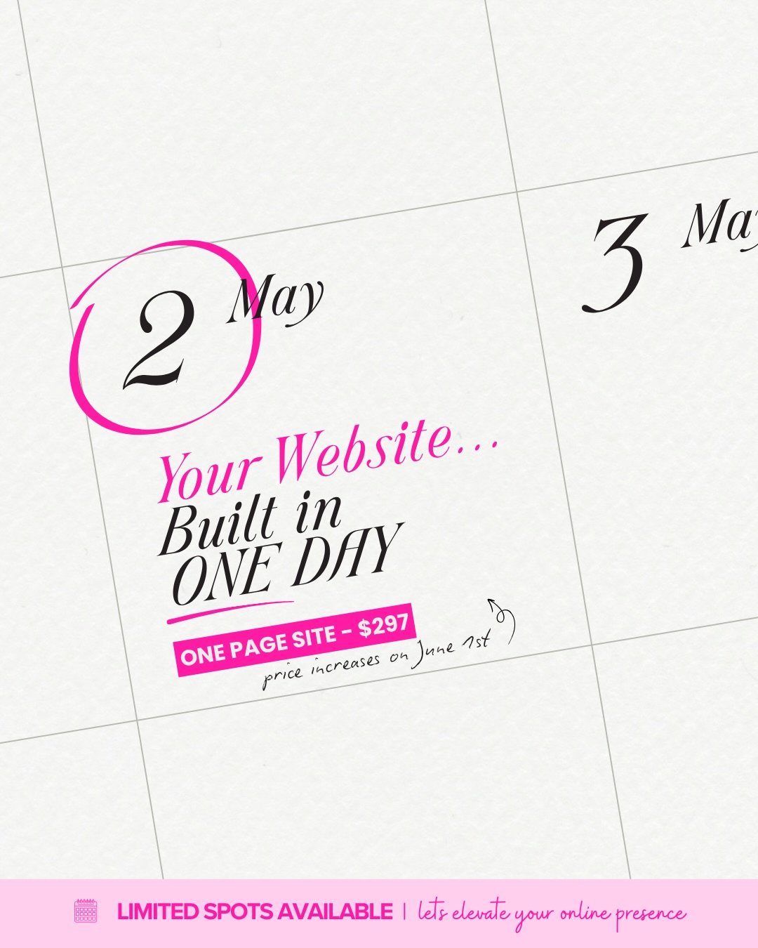 Yes. You read that right. A fully functioning website, built in 24 hours.

This deal is perfect for the business owner or entrepreneur who needs a professional website quickly &amp; efficiently. 

Only 3 spots left in May! Price increases June 1st. S