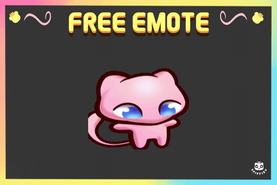 Cute pink cartoon cat with large blue eyes and a small tail, with a dark background and yellow "FREE EMOTE" text at the top.