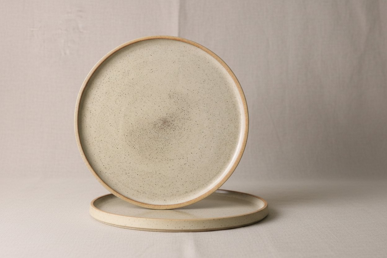 A set of three stacked beige ceramic plates with a speckled pattern on a light-colored surface against a plain background.