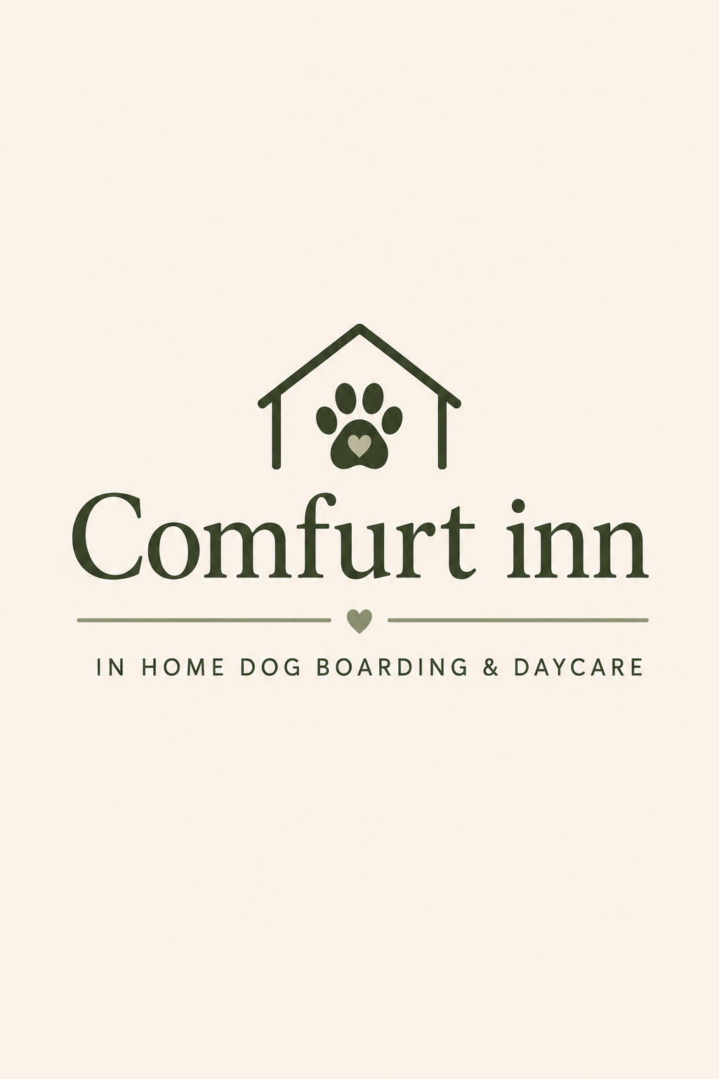 Logo for Comfurt Inn with a house outline and a paw print inside, with text 'Comfurt Inn' and 'In Home Dog Boarding & Daycare'