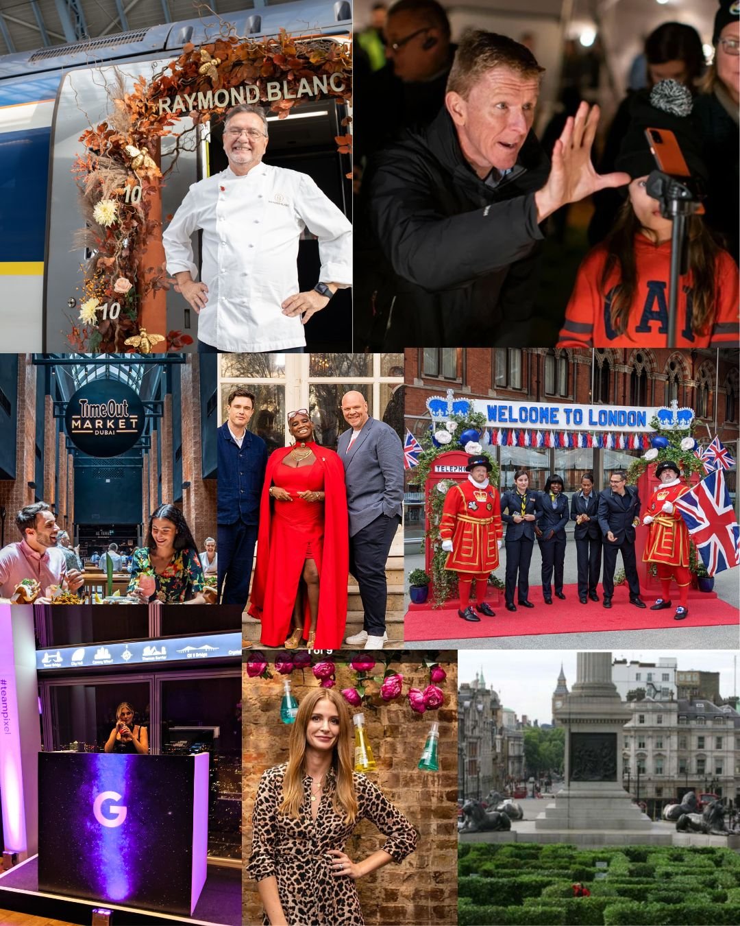 A collage of six images showing various scenes: a chef smiling outside a train decorated with autumn leaves, a man speaking passionately to a young girl with a phone on a tripod, people dining outdoors near a store sign that reads 'Time Out Market Dubai,' three individuals posing together in formal attire in front of a window, a group of people dressed in ceremonial uniforms under a 'Welcome to London' sign, a woman at a DJ booth with a 'G' illuminated, a woman with long hair in a leopard print dress standing against a wall decorated with pink flowers and hanging glasses, and a cityscape with historical buildings and a statue.
