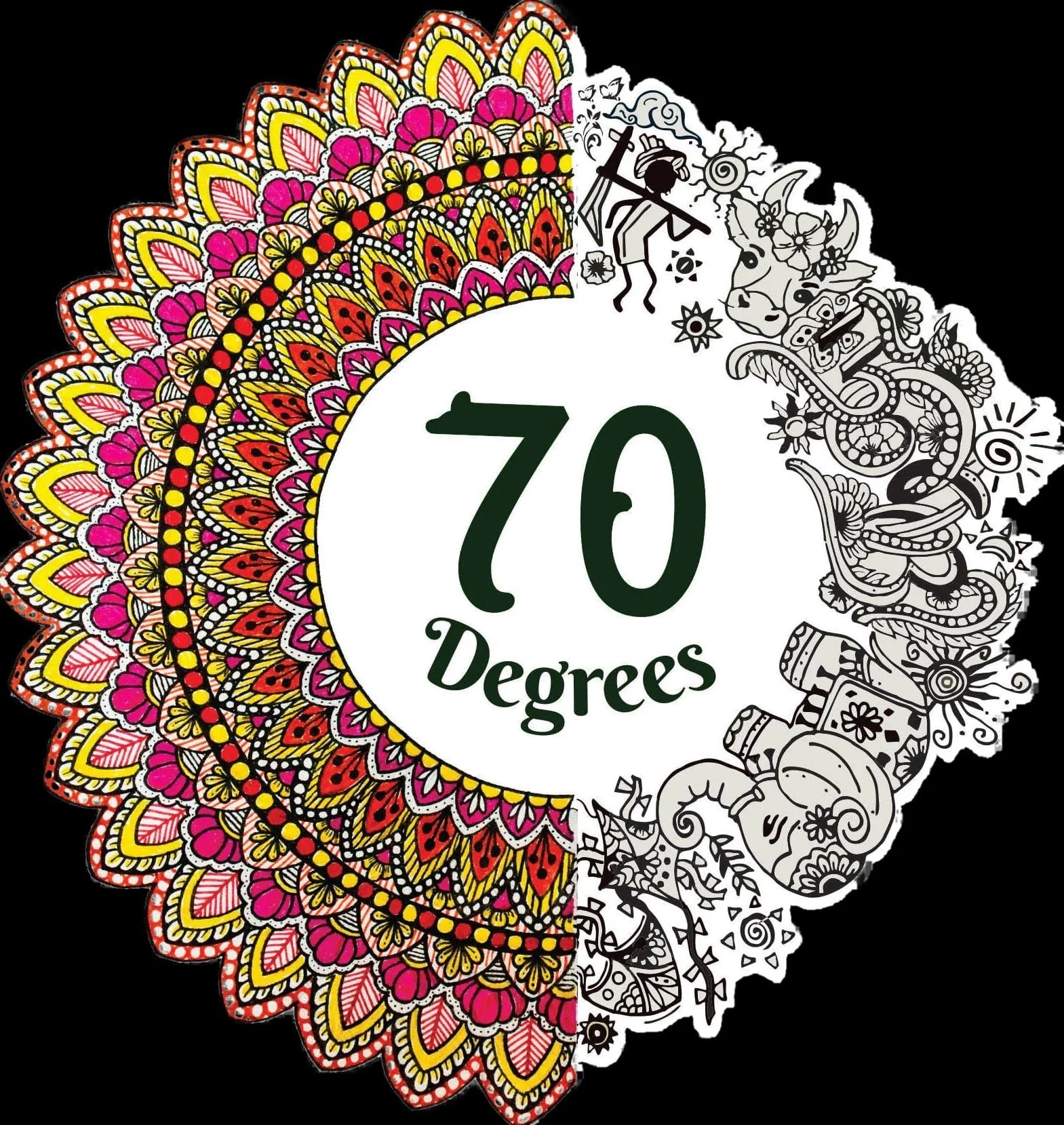 A colorful, intricate mandala design with the numbers '70' and the words 'Degrees' in the center, partly black and white and partly colorful with detailed patterns.