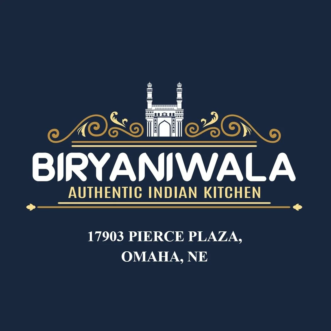 Logo for BiryaniWala, an authentic Indian kitchen, featuring a stylized illustration of an Indian monument, with the address 17903 Pierce Plaza, Omaha, NE.
