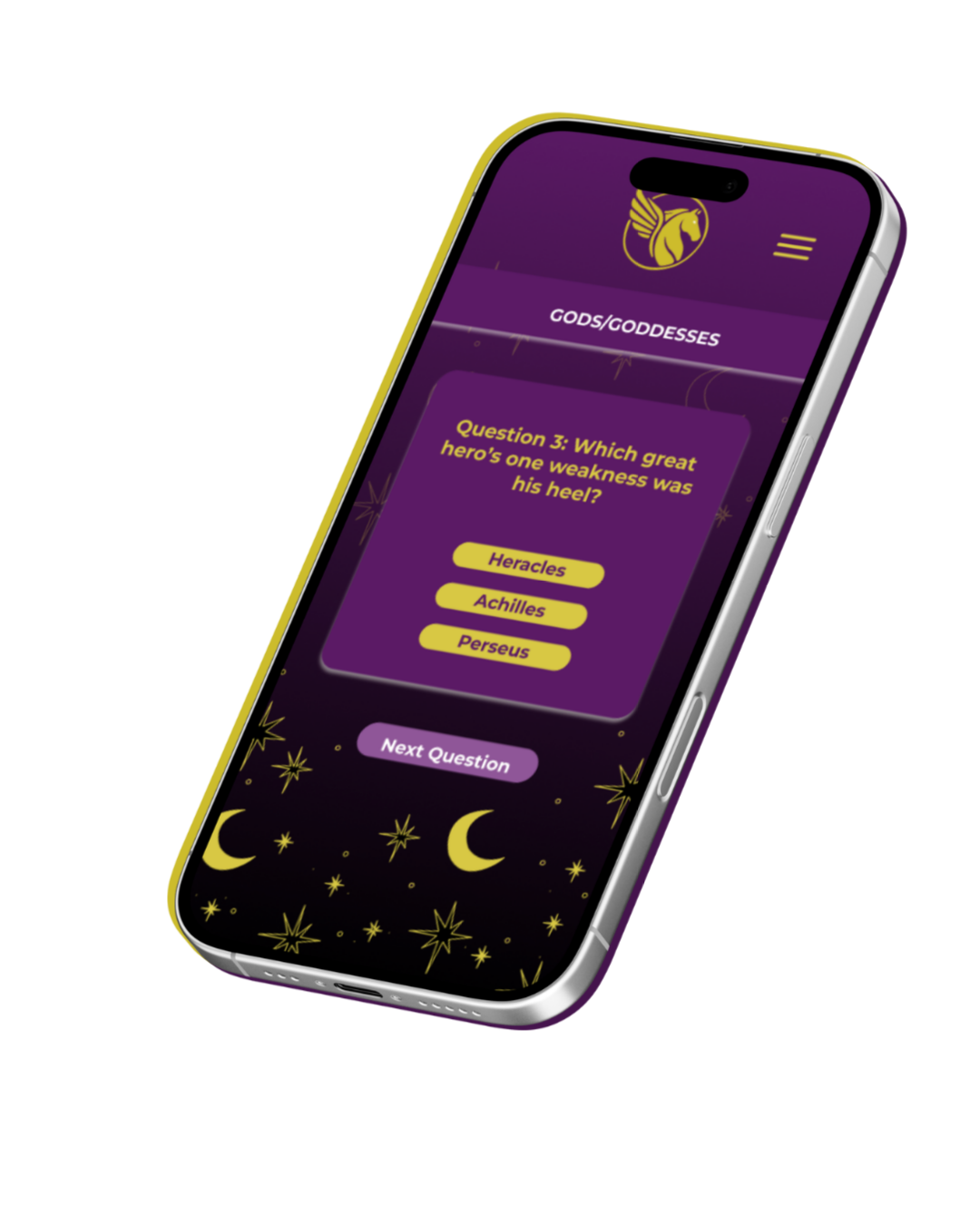 Mobile phone screen displaying a quiz app with a purple background, stars, and moon icons. The displayed question is about Greek heroes and their weaknesses, with multiple-choice answers including Heracles, Achilles, and Perseus.