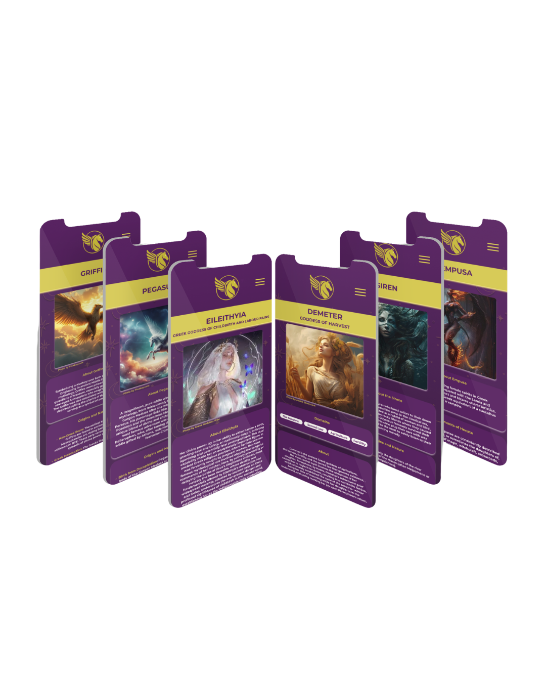 Set of fantasy-themed cards featuring Greek goddesses with purple borders and yellow accents. Each card displays a name, symbol, and description.