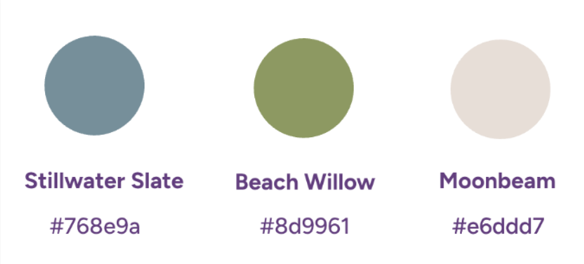 Color palette with three circles labeled Stillwater Slate, Beach Willow, and Moonbeam, showing their hex color codes.